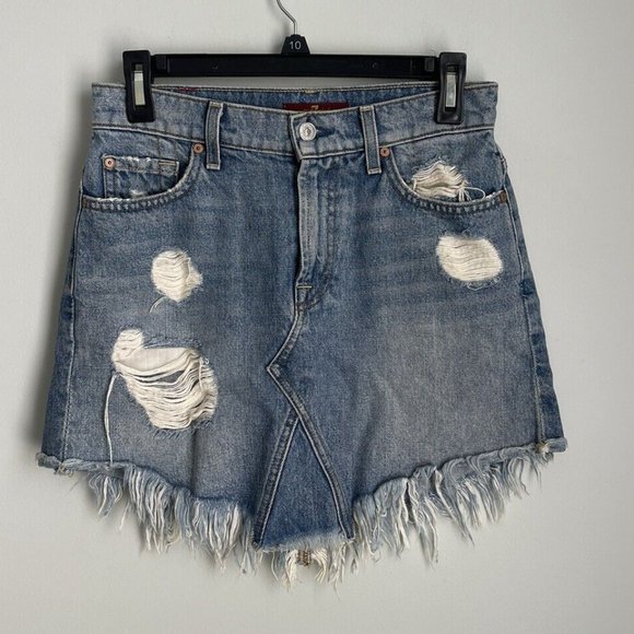 7 For All Mankind Blue Jean Denim Frayed Distressed Mini Skirt - Picture 1 of 6